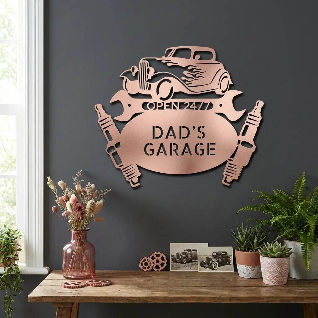 Personalized Hot Rod Metal Sign – Custom Car Garage Sign – Classic Car Wall Art – Mechanic Decor – Custom Name Garage Sign