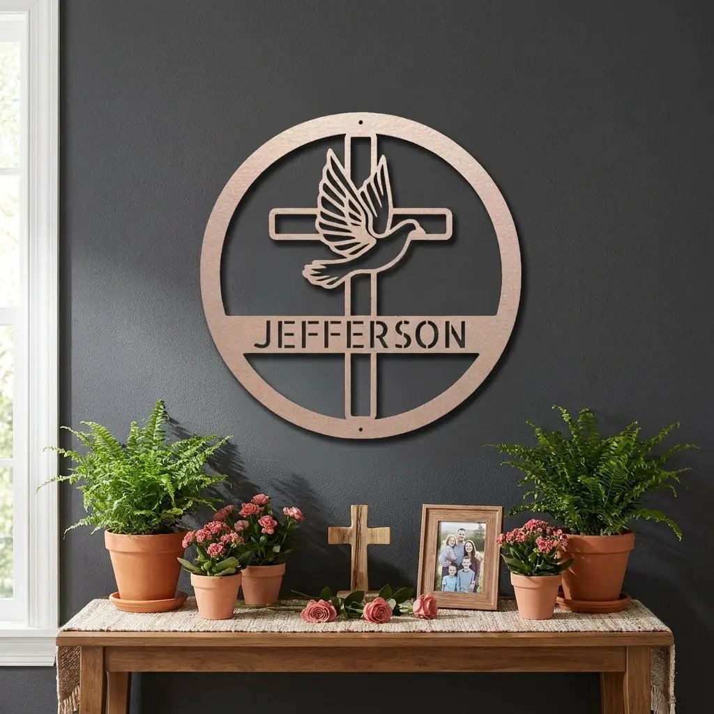 Personalized Cross & Dove Metal Wall Art – Custom Family Name Christian Steel Sign – Faith Based Farmhouse Wall Decor