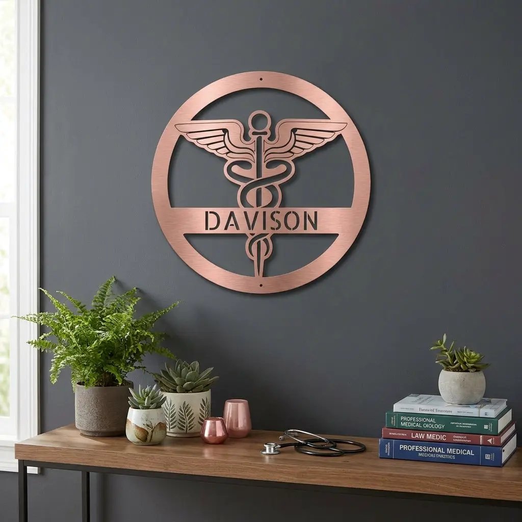 Personalized Medical Symbol Metal Wall Art – Custom Caduceus Steel Sign – Doctor Nurse Healthcare Professional Gift Decor
