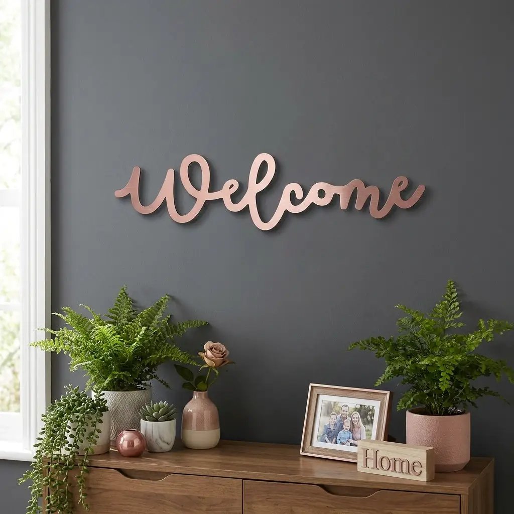 Welcome Script Metal Wall Art – Modern Farmhouse Welcome Sign – Minimalist Entryway Steel Decor for Porch, Foyer & Living Room
