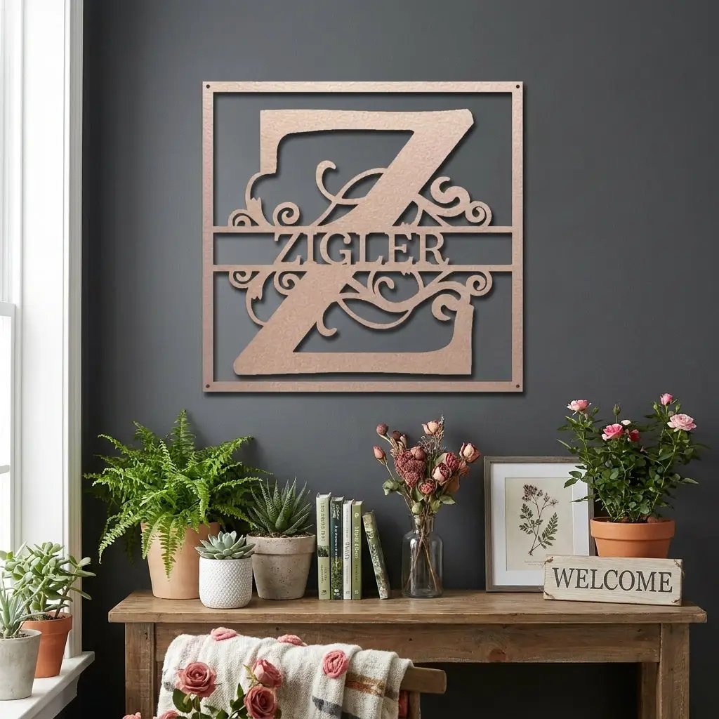 Personalized Monogram Metal Wall Art – Custom Family Name Sign – Square Metal Wall Decor – Farmhouse Last Name Steel Sign