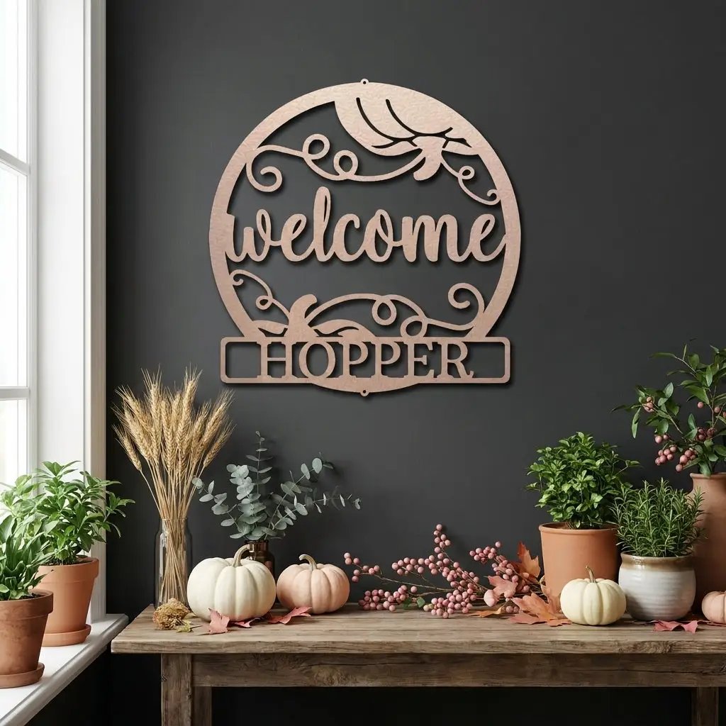 Personalized Pumpkin Metal Wall Art – Welcome Fall Sign with Family Name – Rustic Autumn Decor – Custom Front Door Pumpkin Sign – Farmhouse Fall Decor