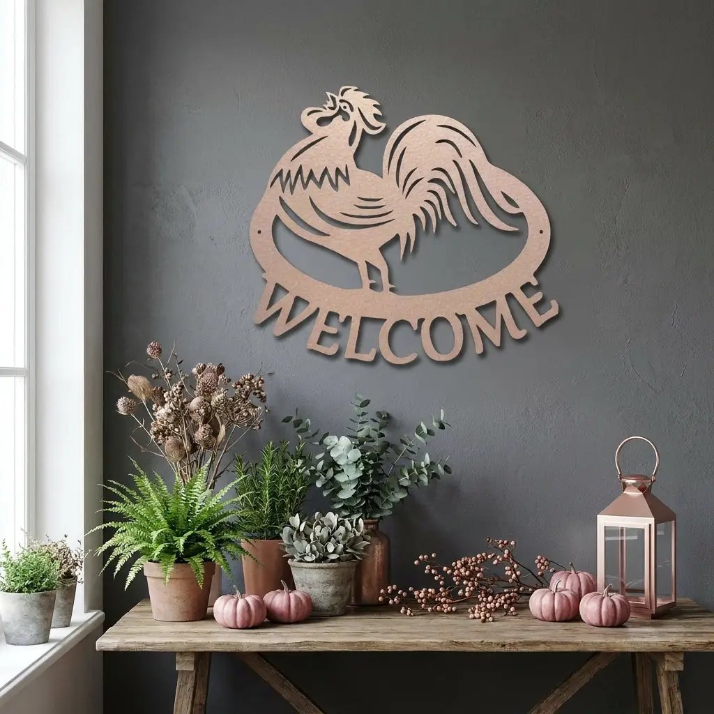 Welcome Rooster Metal Wall Art – Farmhouse Chicken Decor – Rustic Kitchen Wall Sign – Country Home Decor – Farmhouse Porch Sign