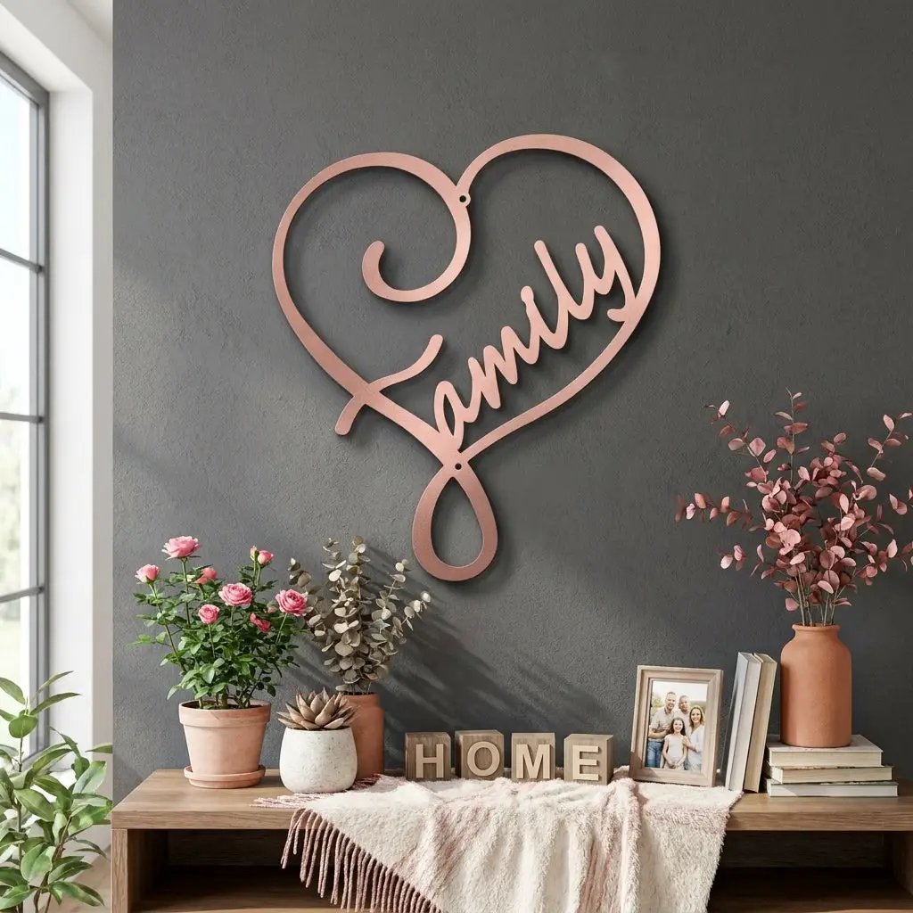 Family Name Heart Metal Wall Art Sign – Custom Steel Family Love Monogram – Laser Cut Amish Crafted Metal Home Decor