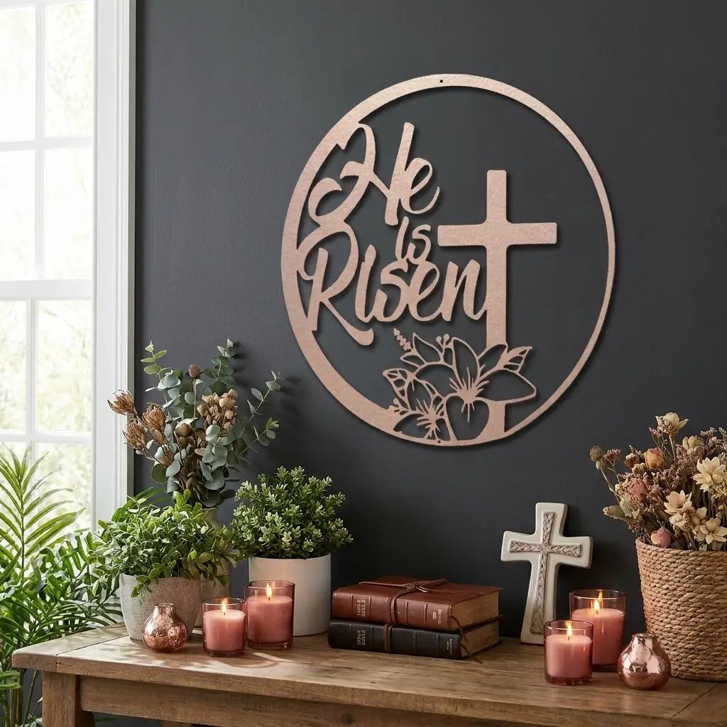 Easter Cross Metal Wall Sign – Christian Home Decor – He Is Risen