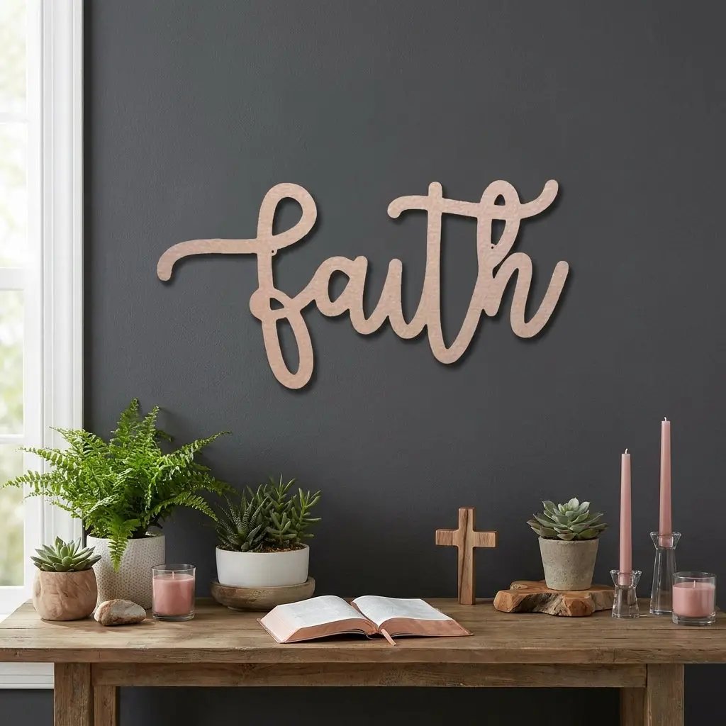 Faith Script Metal Wall Art – Christian Home Decor – Inspirational Metal Sign – Minimalist Religious Wall Decor