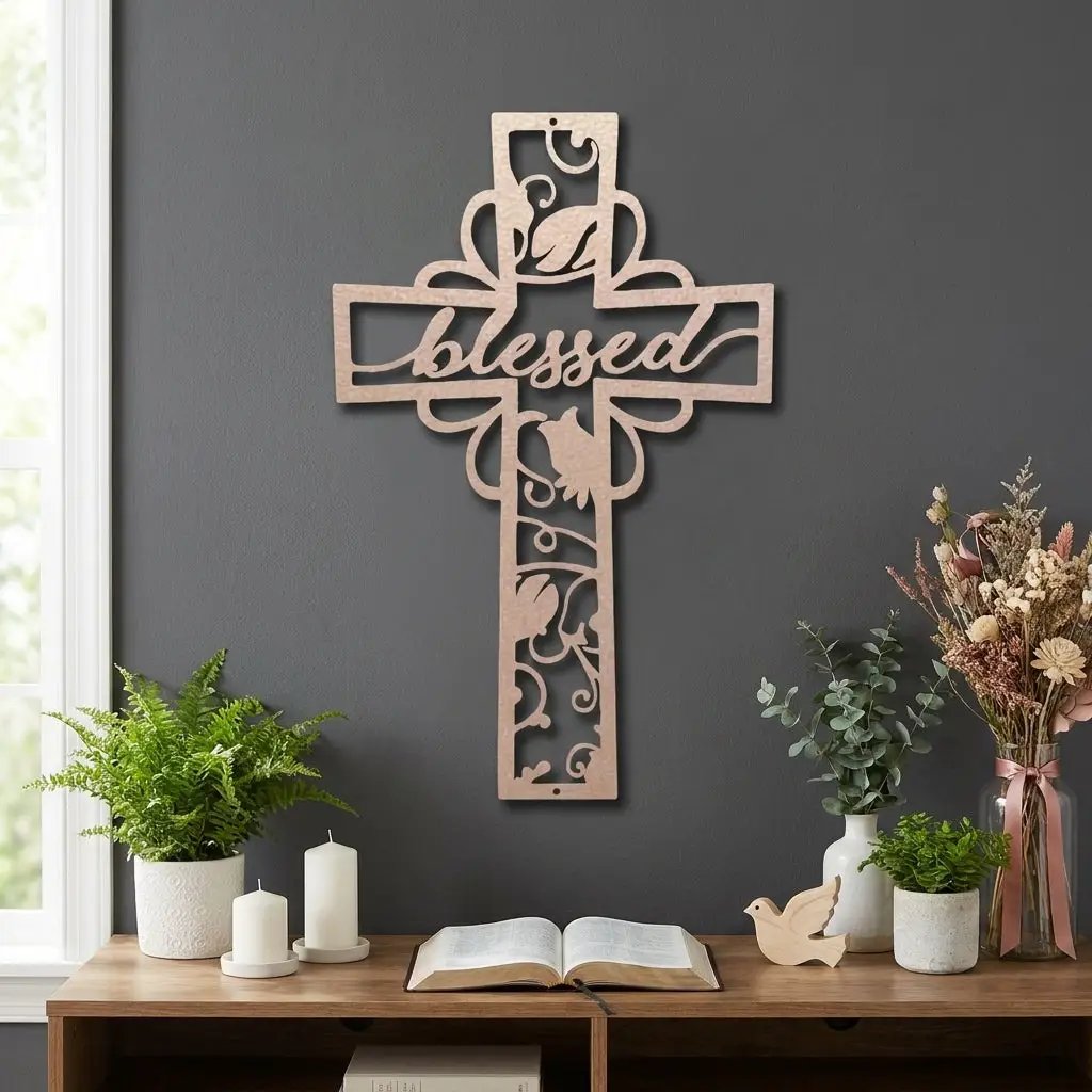 Blessed Cross Metal Wall Art | Christian Floral Cross Decor | Inspirational Faith Wall Hanging