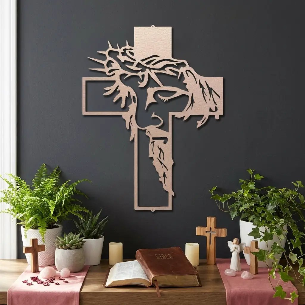 Jesus Crown of Thorns Steel Cross Sign Christian Metal Wall Decor Made in USA