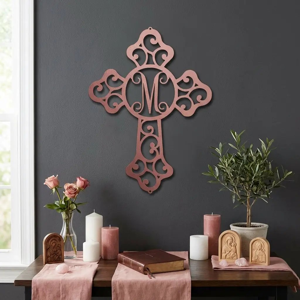 Personalized Initial Cross Metal Wall Art | Custom Monogram Christian Cross Decor | Ornate Faith Wall Hanging