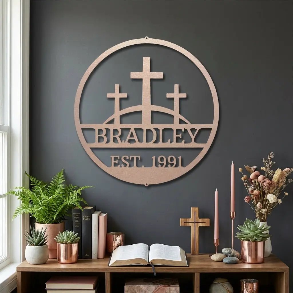 Personalized Three Crosses Metal Wall Art | Christian Family Name Sign | Faith Based Farmhouse Decor