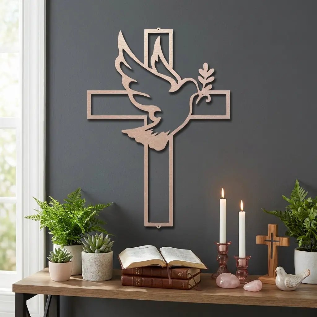 Dove Cross Metal Wall Art | Christian Holy Spirit Decor | Inspirational Religious Wall Hanging