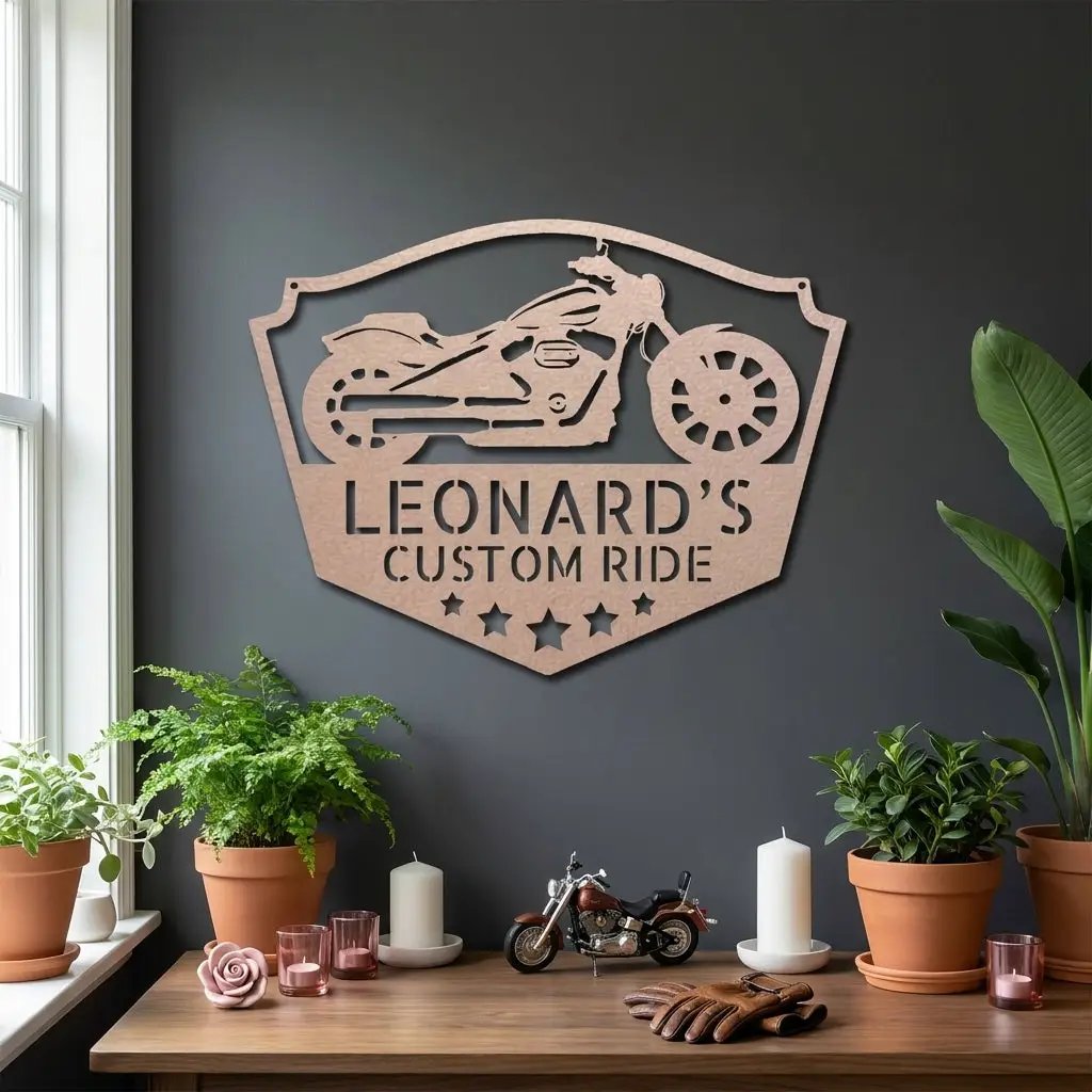 Chopper Motorcycle Shop Custom Name Monogram Indoor Outdoor Steel Wall Sign