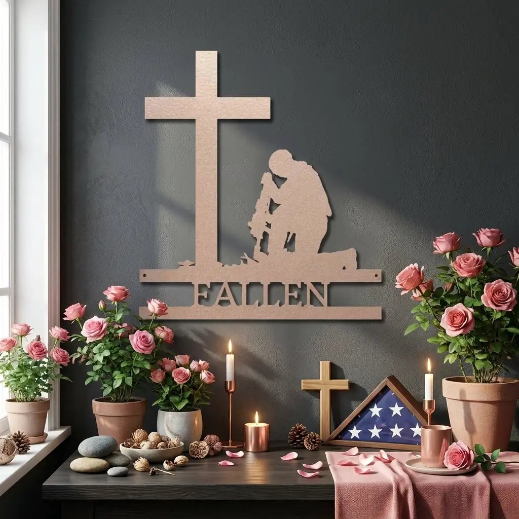 Personalized Fallen Soldier Memorial Metal Wall Art | Military Remembrance Cross Decor | Veteran Tribute Sign