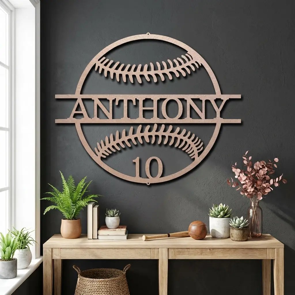 Personalized Baseball Metal Wall Art | Custom Name and Number Baseball Sign | Player Room Decor