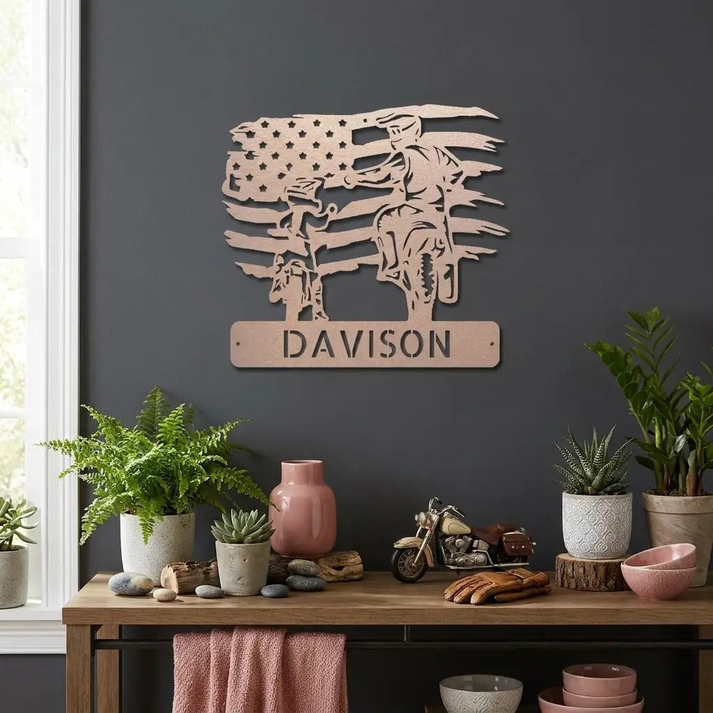 Personalized American Father & Son Motorcycle Metal Wall Art | Patriotic Biker Family Sign | Custom USA Motorcycle Decor