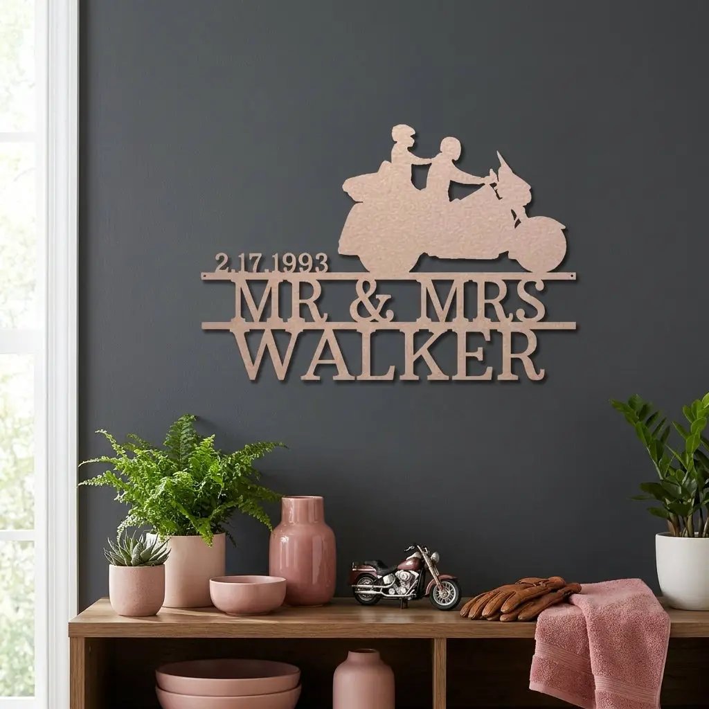 Personalized Motorcycle Couple Metal Sign Mr and Mrs Wedding Gift Custom Biker Wall Art Anniversary Gift Steel Decor