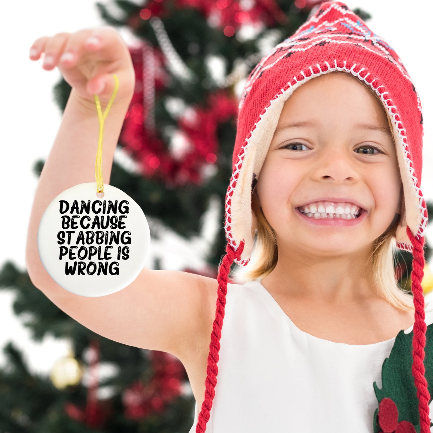 Dancing Gifts for Friends and Family, Funny Circle Ornament for Christmas, 'Dancing Because Stabbing People Is Wrong.' - Mallard Moon