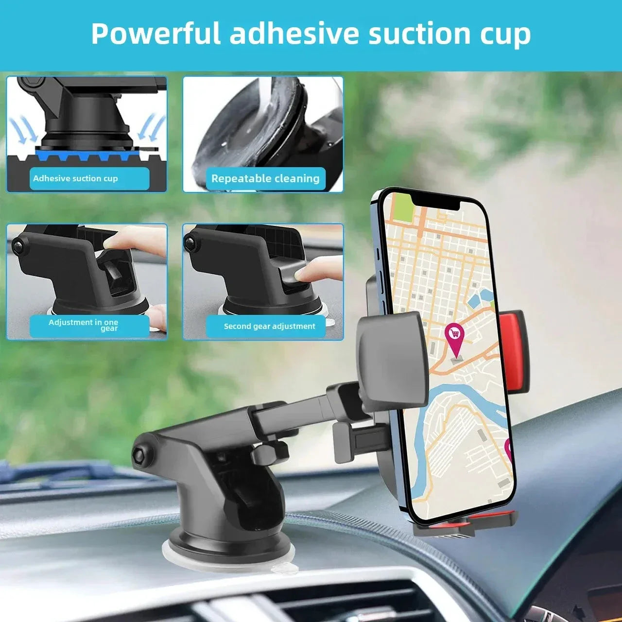 Car Mounted Phone Holder Dashboard Adhesive Suction Cup Gravity Extendable Auto Lock Car Navigation Support Bracket