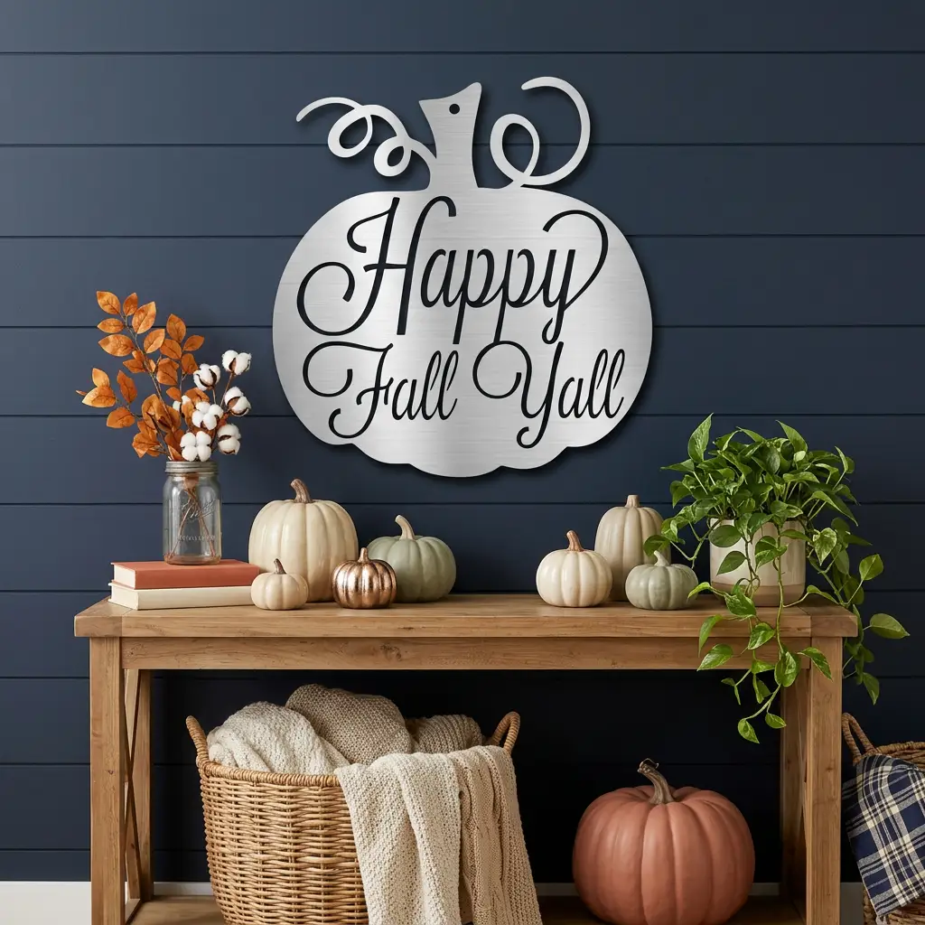 Happy Fall Y'all Pumpkin Metal Wall Art | Autumn Pumpkin Wall Decor | Rustic Farmhouse Fall Sign | Thanksgiving Porch & Entryway Decor | Seasonal Metal Wall Hanging | Made in USA
