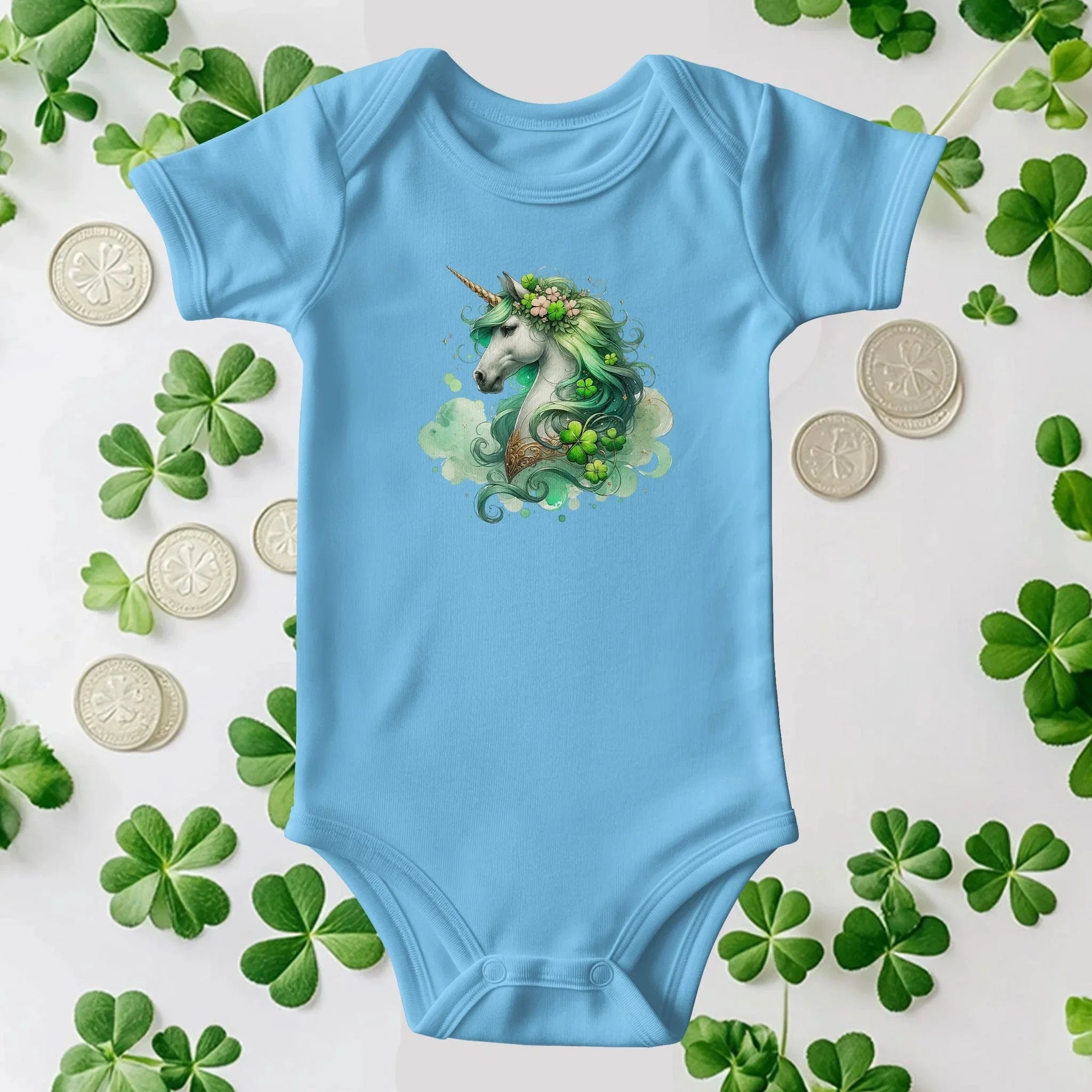 Magical Irish Unicorn St. Patrick's Day Baby Bodysuit – Enchanted Shamrock Lucky Charm Onesie – Soft Cotton Infant Romper – Fantasy Holiday Outfit & Baby Gift