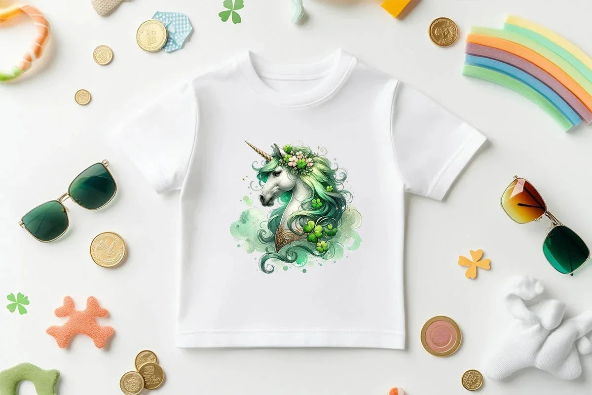 Toddler St. Patrick's Day Unicorn T-Shirt – Cute Irish Fantasy Tee – Soft Cotton Crew Neck Shirt – Lucky Shamrock Design for Girls