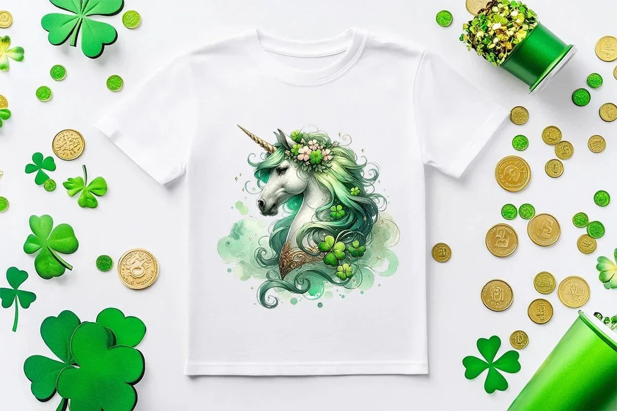 Youth St. Patrick's Day Unicorn T-Shirt – Girls Lucky Shamrock Tee – Soft Cotton Crew Neck Shirt – Irish Holiday Outfit