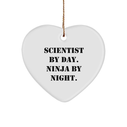 Scientist Gifts from Friends, Christmas Unique Scientist Heart Ornament, 'Scientist By Day. Ninja By Night.' Quote, 2.75' Tall, Durable MDF, Vibrant Colors, Gold Cord for Hanging