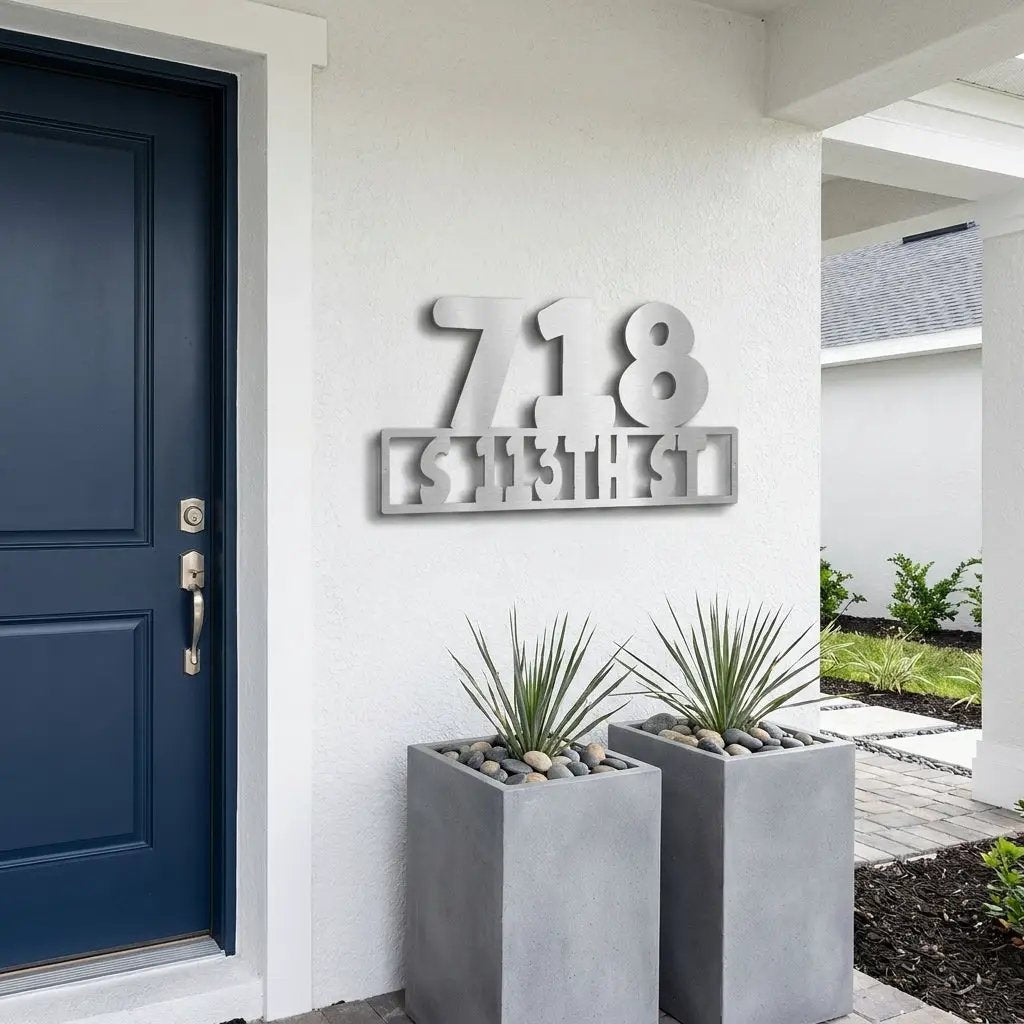 Personalized Metal Address Sign – Custom House Number Steel Wall Art – Modern Farmhouse Address Plaque – Outdoor Powder Coated Home Decor