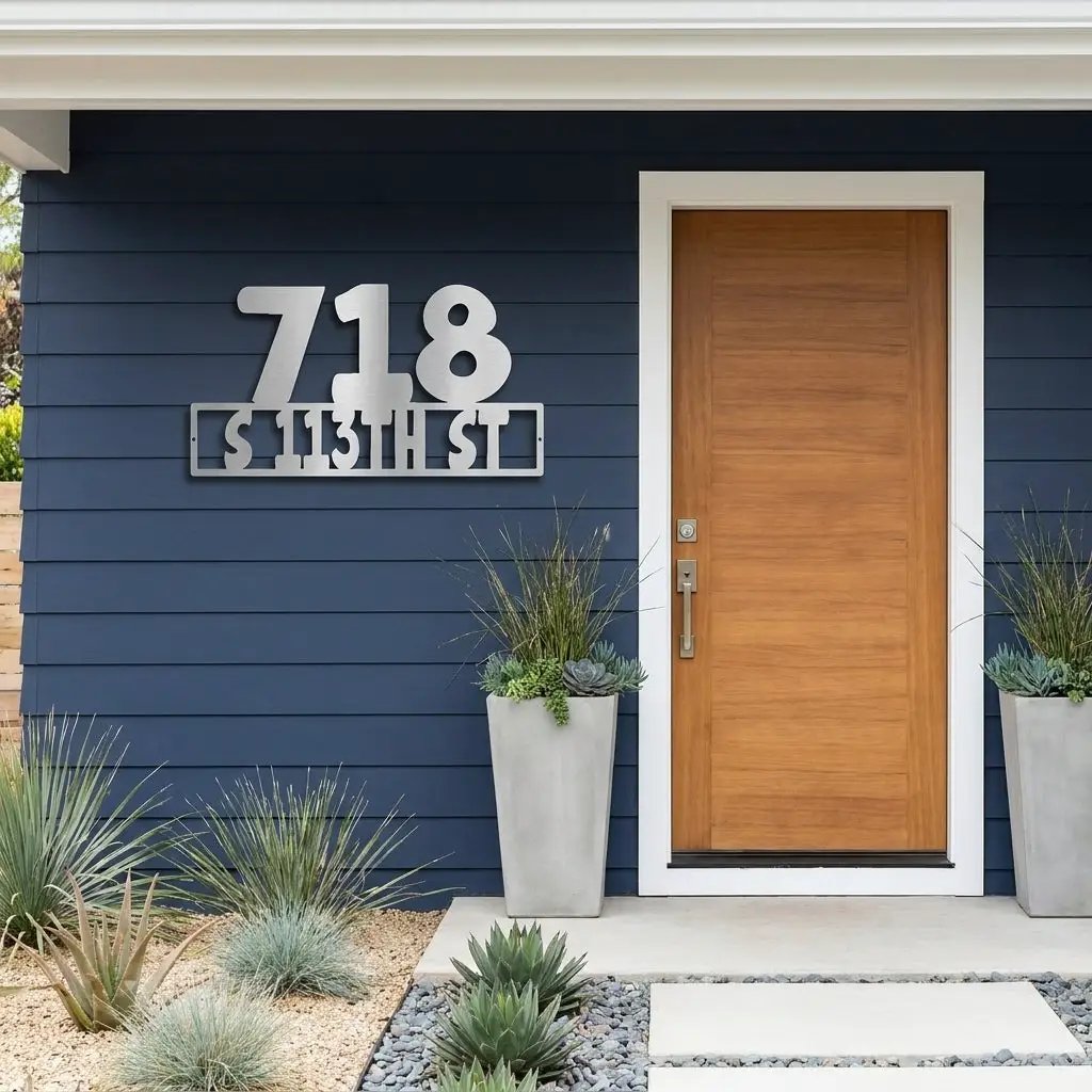 Personalized Metal Address Sign – Custom House Number Steel Wall Art – Modern Farmhouse Address Plaque – Outdoor Powder Coated Home Decor