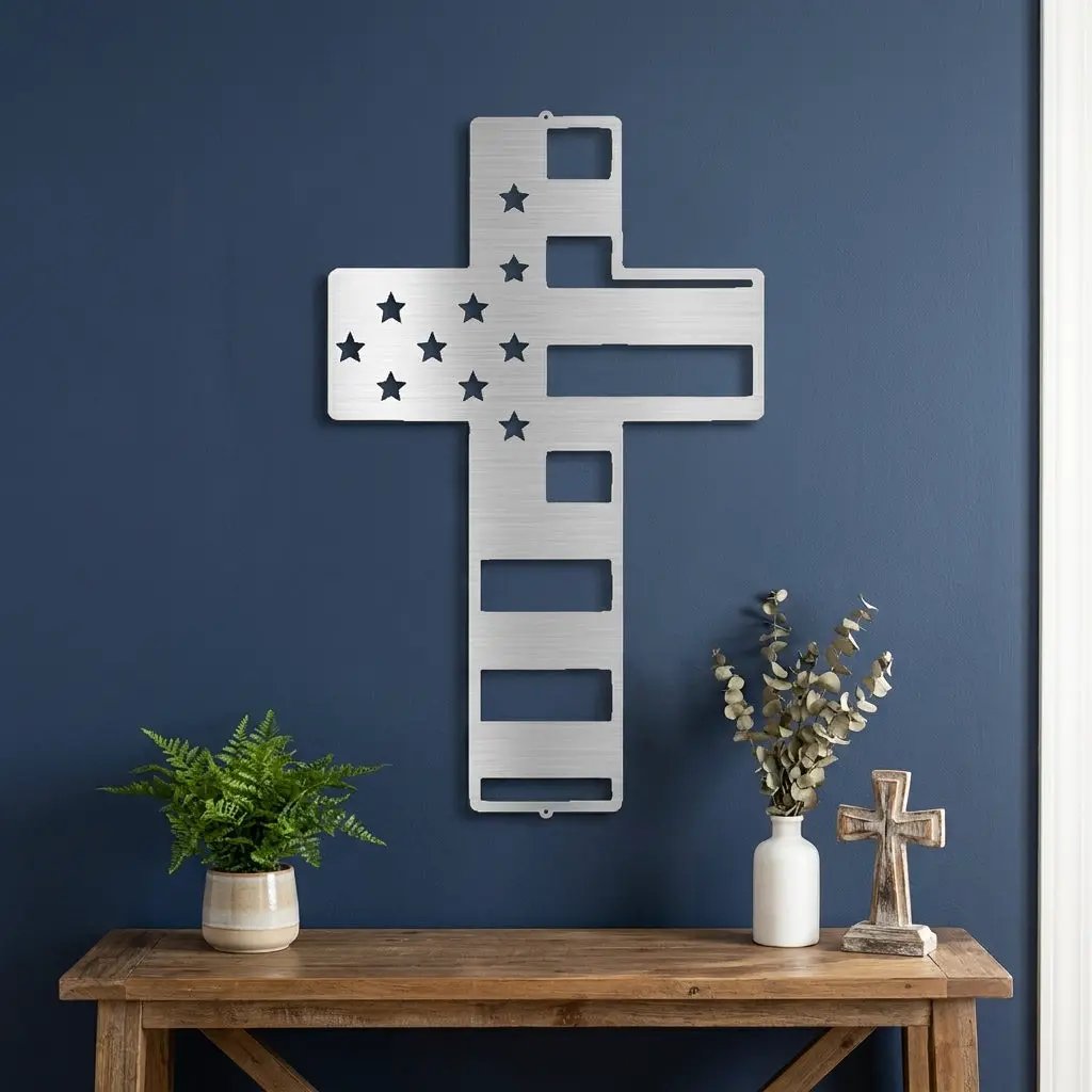 American Flag Cross Metal Wall Art – Patriotic Christian Cross Decor – USA Flag Faith Steel Sign – Veteran Tribute Wall Decor