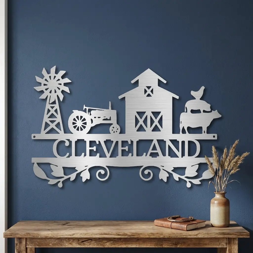 Personalized Barn & Tractor Steel Wall Art - Custom Farm Name Metal Sign
