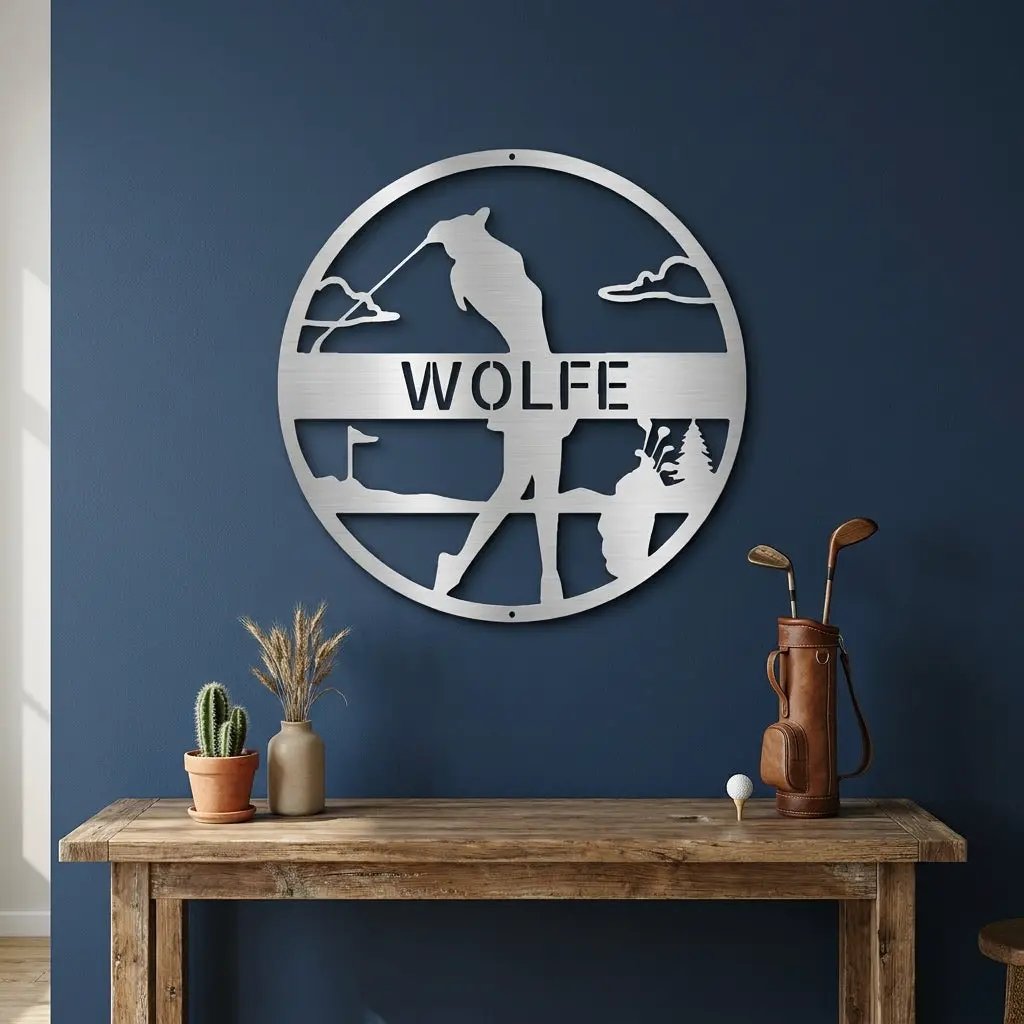 Custom Female Golfer Metal Sign – Personalized Name Wall Art – Round Golf Scene – Laser Cut Steel
