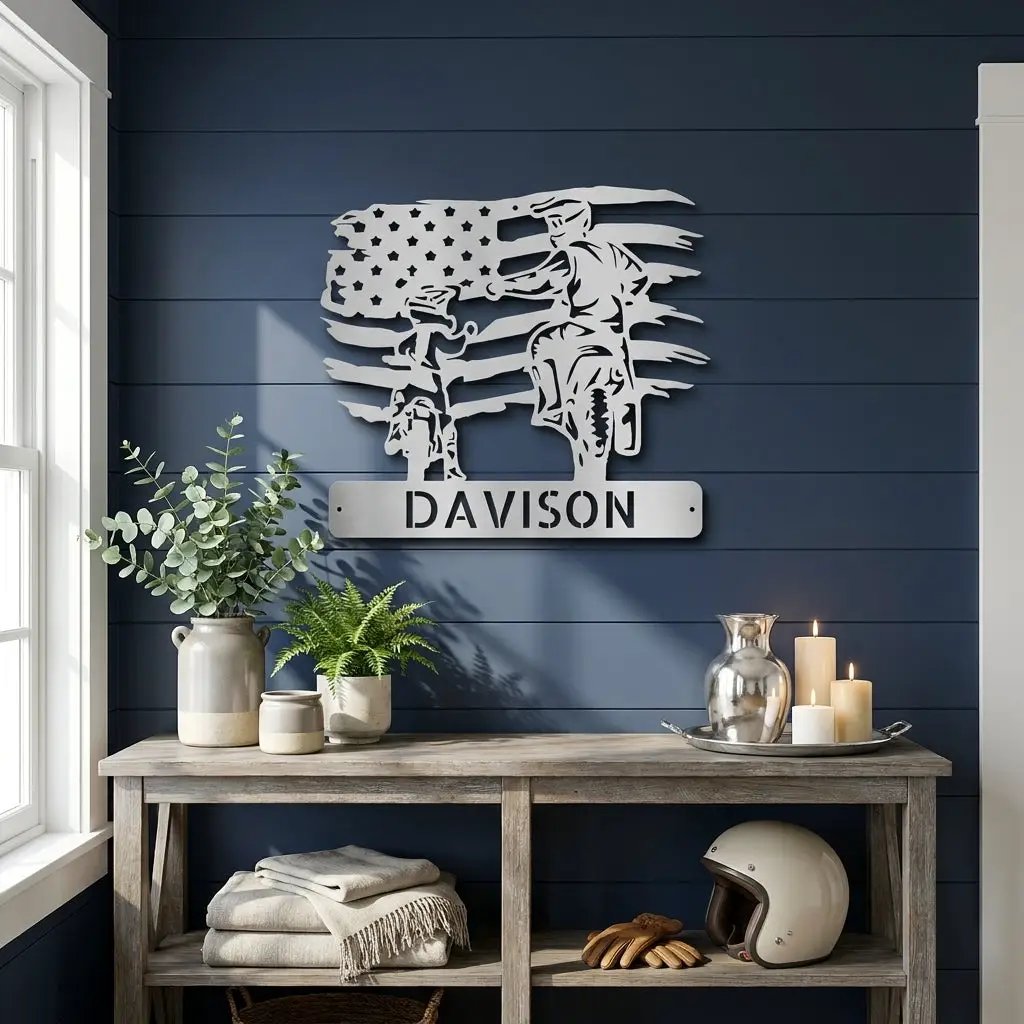 Personalized American Father & Son Motorcycle Metal Wall Art | Patriotic Biker Family Sign | Custom USA Motorcycle Decor