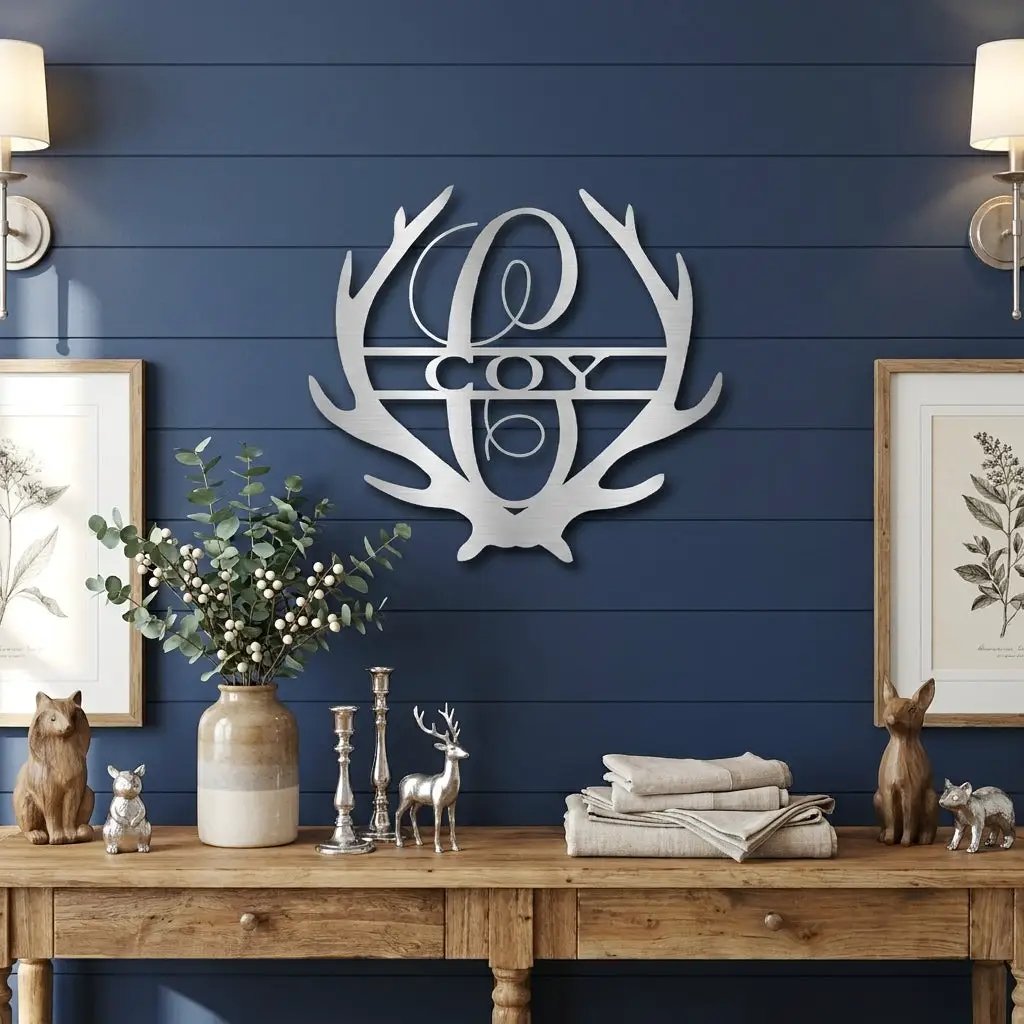 Personalized Deer Antler Family Name Metal Sign – Rustic Last Name Monogram Wall Art – Cabin Lodge Decor Gift