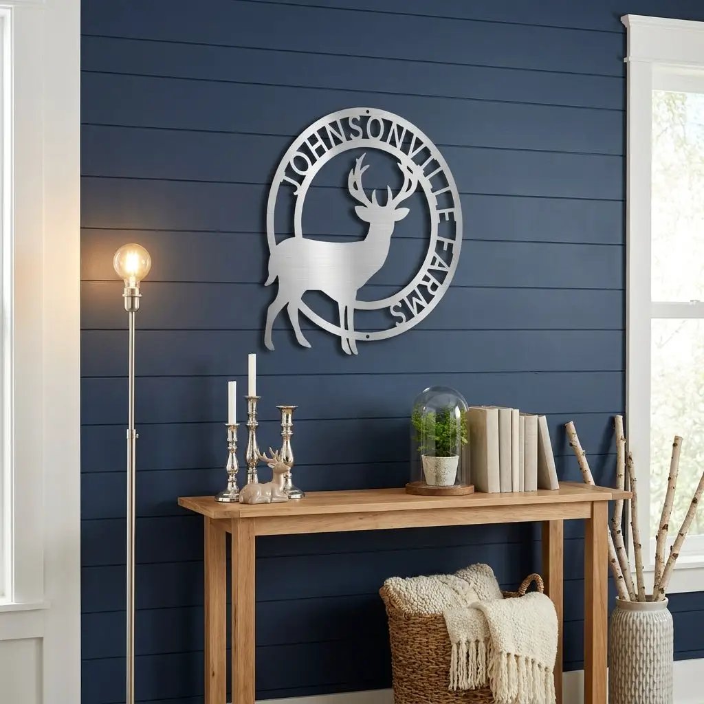 Personalized Deer Family Name Metal Sign – Custom Last Name Circle Wall Art – Rustic Farmhouse Home Decor Gift