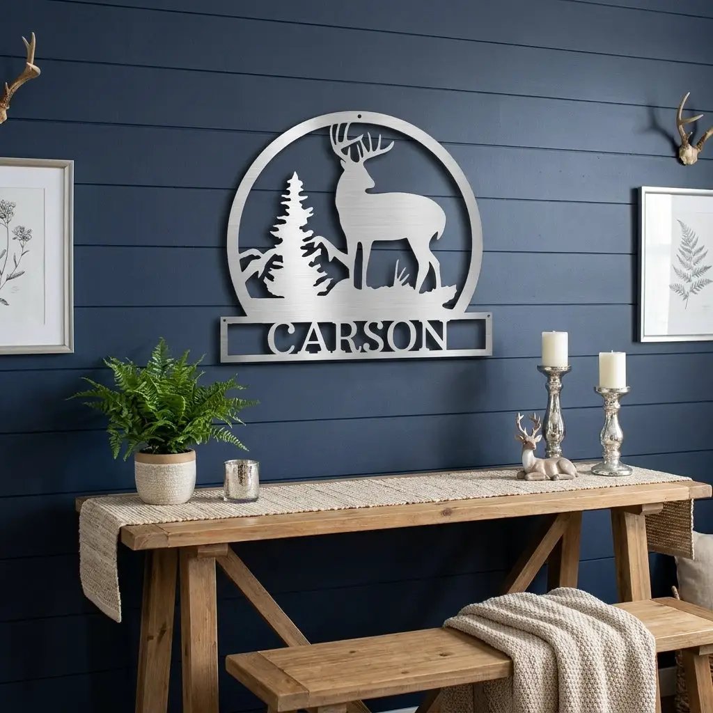 Personalized Deer Scene Metal Sign – Custom Last Name Wall Art – Rustic Cabin Forest Decor Gift