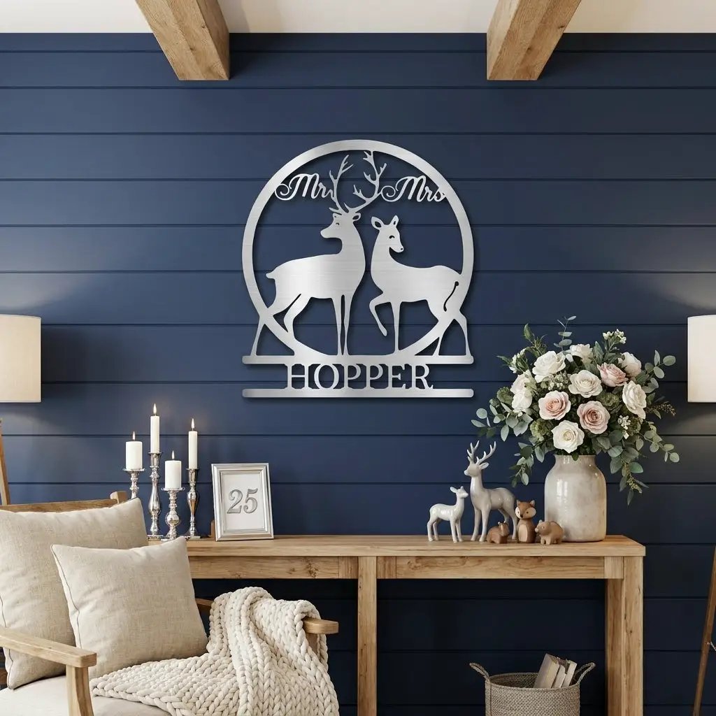 Personalized Mr & Mrs Deer Metal Sign – Custom Last Name Wedding Wall Art – Rustic Anniversary Gift for Couple