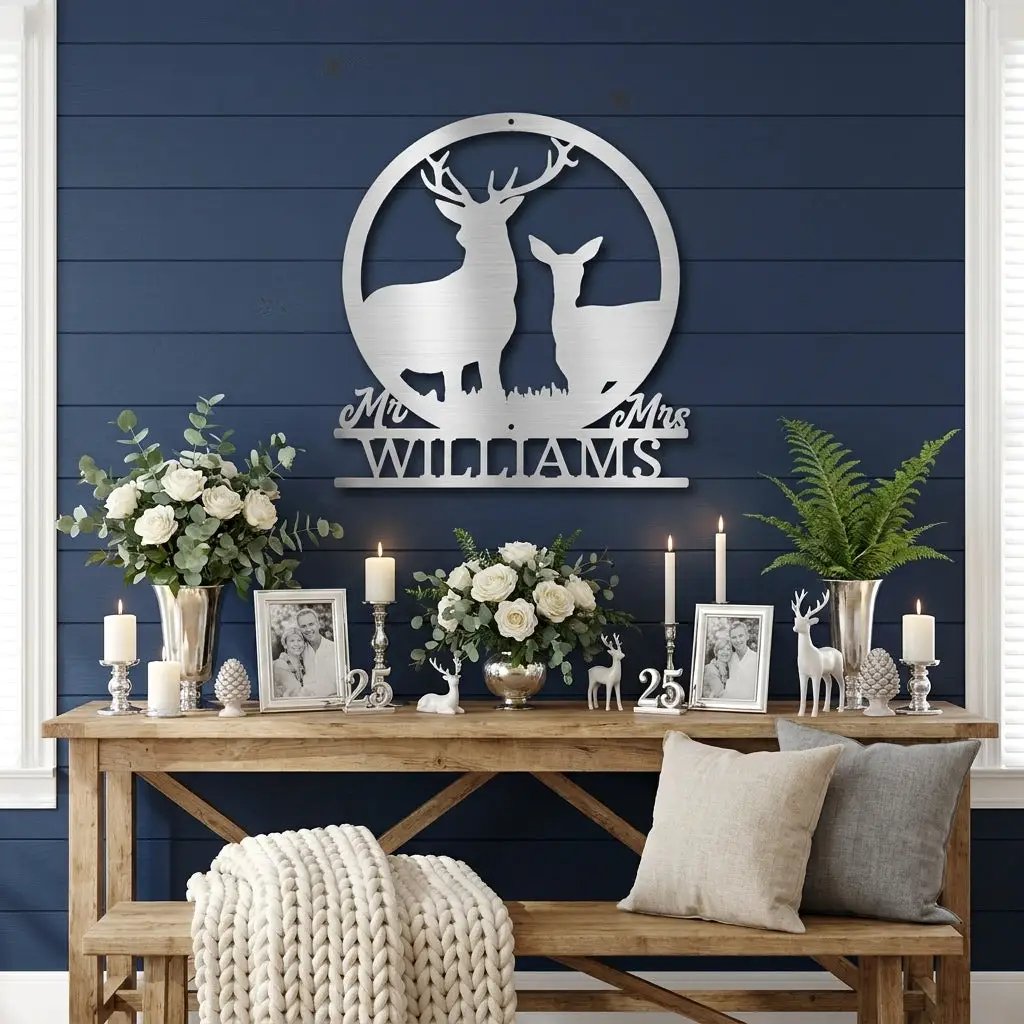 Personalized Mr & Mrs Deer Couple Metal Sign – Custom Last Name Stag & Doe Wall Art – Romantic Wedding or Anniversary Gift