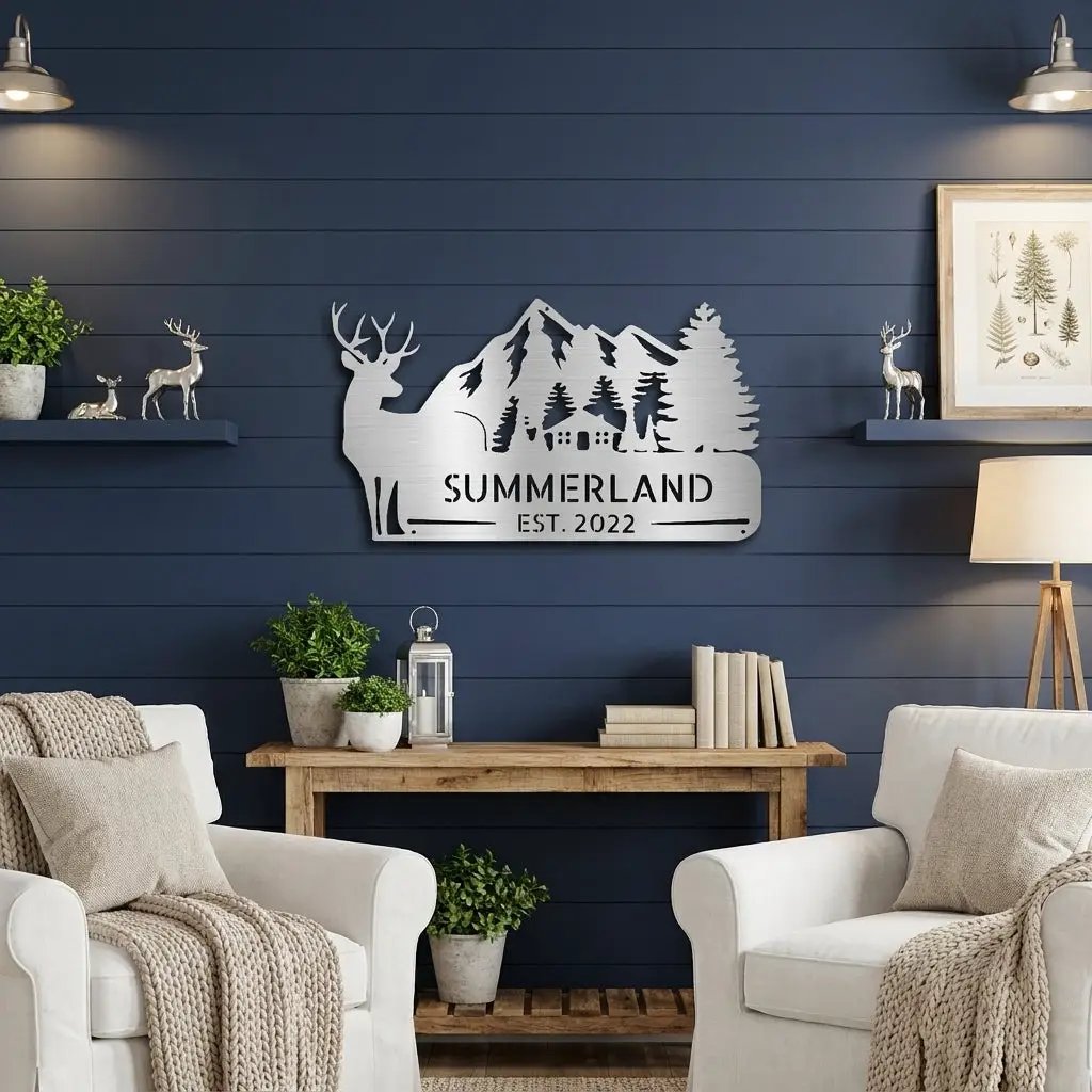 Personalized Deer Mountain Cabin Metal Sign – Custom Family Name Wilderness Wall Art – Rustic Lodge Decor with Trees & Mountains