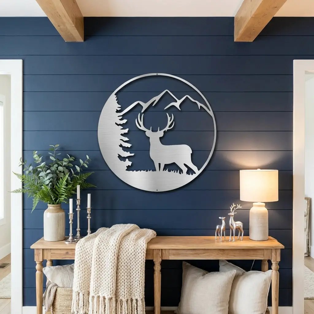 Deer Mountain Metal Wall Art – Rustic Wildlife Circle Sign – Forest & Cabin Lodge Decor – Stag Silhouette Steel Wall Hanging