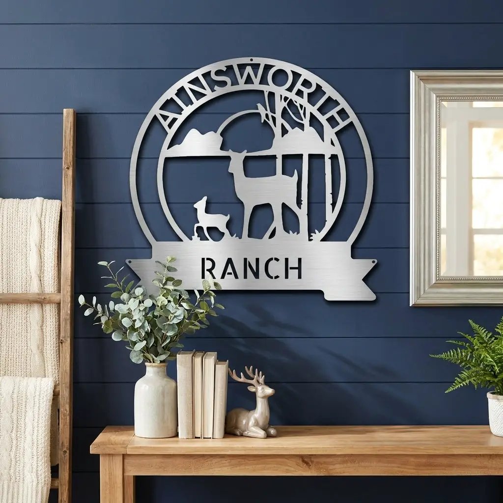 Personalized Deer Ranch Metal Sign – Doe & Fawn Sunset Wall Art – Custom Family Name & Ranch Name Sign – Rustic Farmhouse Lodge Decor