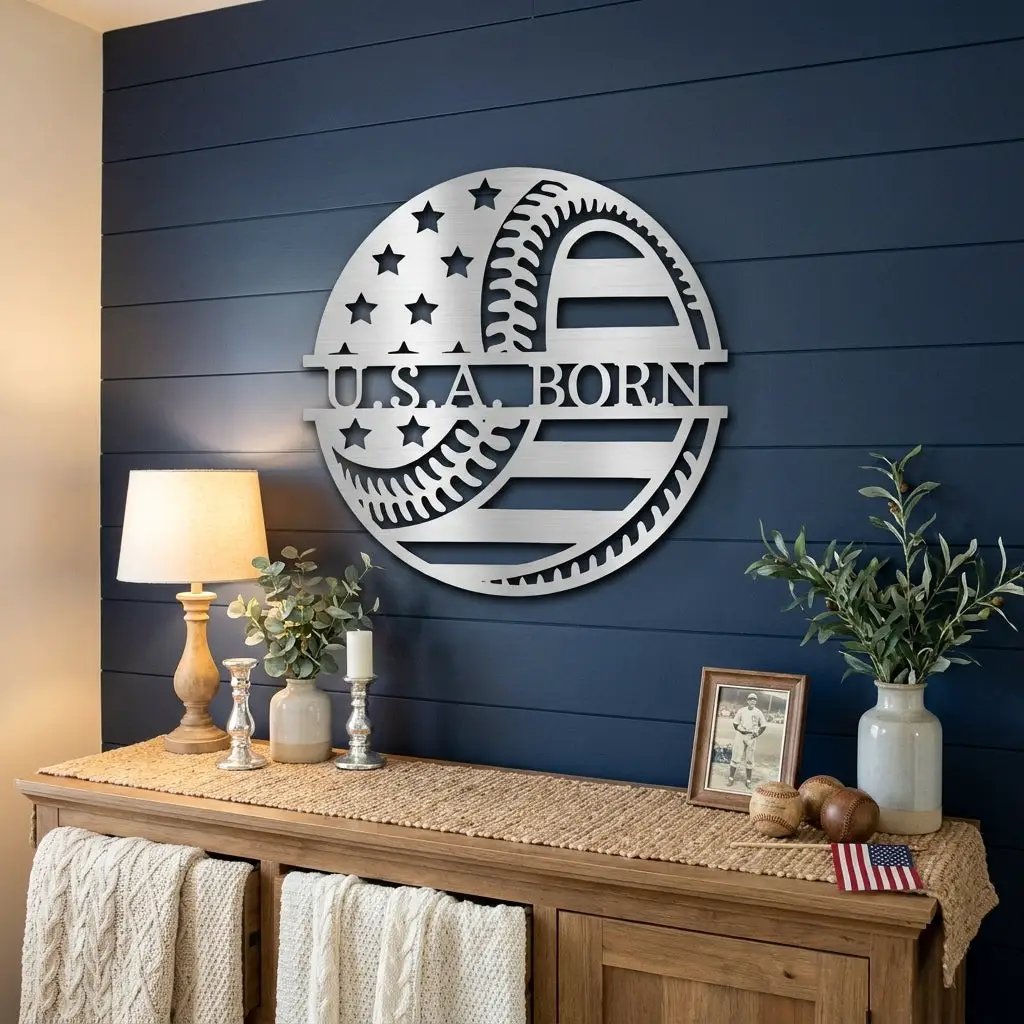 Baseball American Flag Custom Name Metal Art Wall Sign