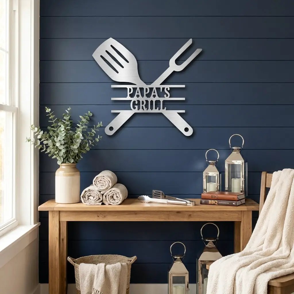 Personalized Grill Metal Wall Art – Custom BBQ Sign – Outdoor Kitchen Decor – Gift for Dad, Grandpa, BBQ Lover