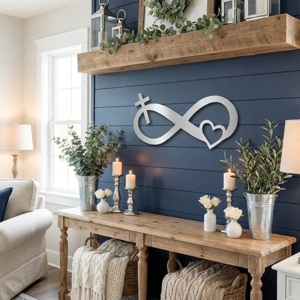 Infinity Cross and Heart Metal Wall Art – Christian Faith Inspired Indoor/Outdoor Sign – Laser Cut Powder-Coated Steel, Elegant Religious Home Décor (Multiple Sizes & Colors)