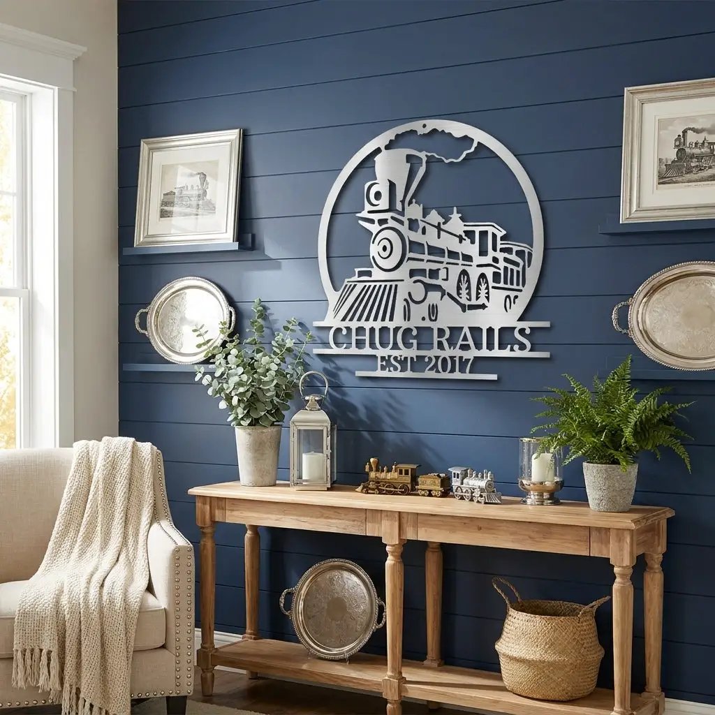 Vintage Steam Locomotive Train Personalized Name Metal Art Wall Sign