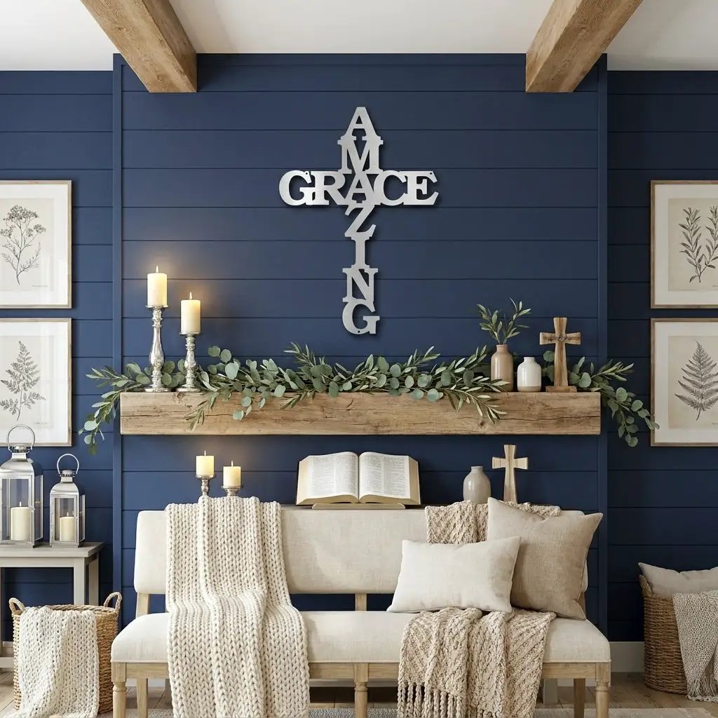 Amazing Grace Cross Steel Wall Art – Christian Metal Cross Sign – Inspirational Faith Decor – Laser Cut Religious Wall Art