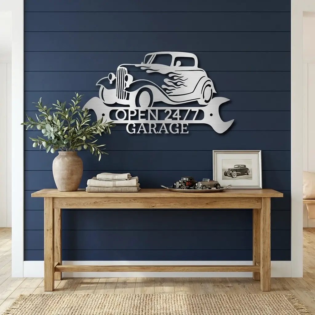 Personalized Hot Rod Metal Sign – Custom Garage Sign – Classic Car Wall Art – Gift for Dad