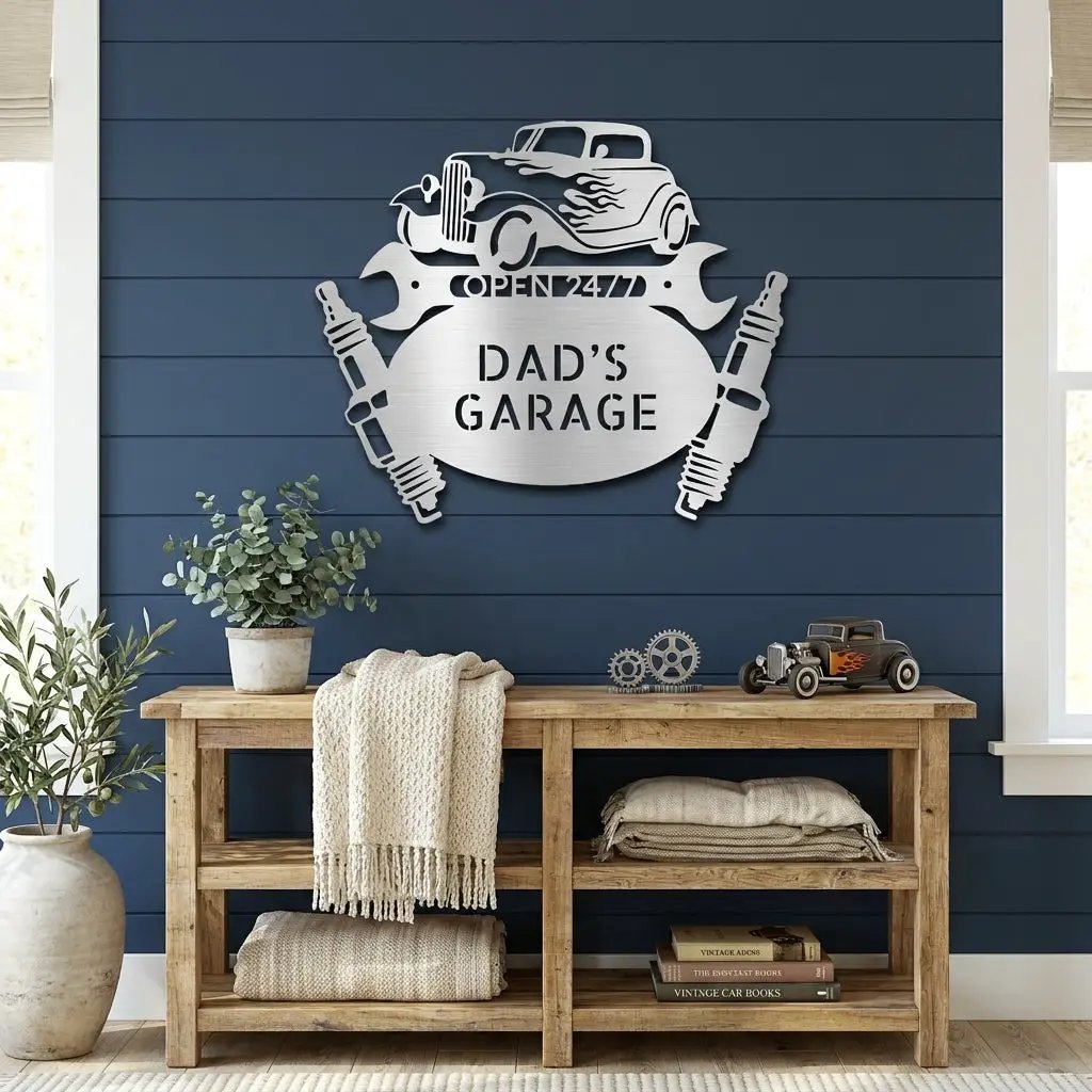 Personalized Hot Rod Metal Sign – Custom Car Garage Sign – Classic Car Wall Art – Mechanic Decor – Custom Name Garage Sign