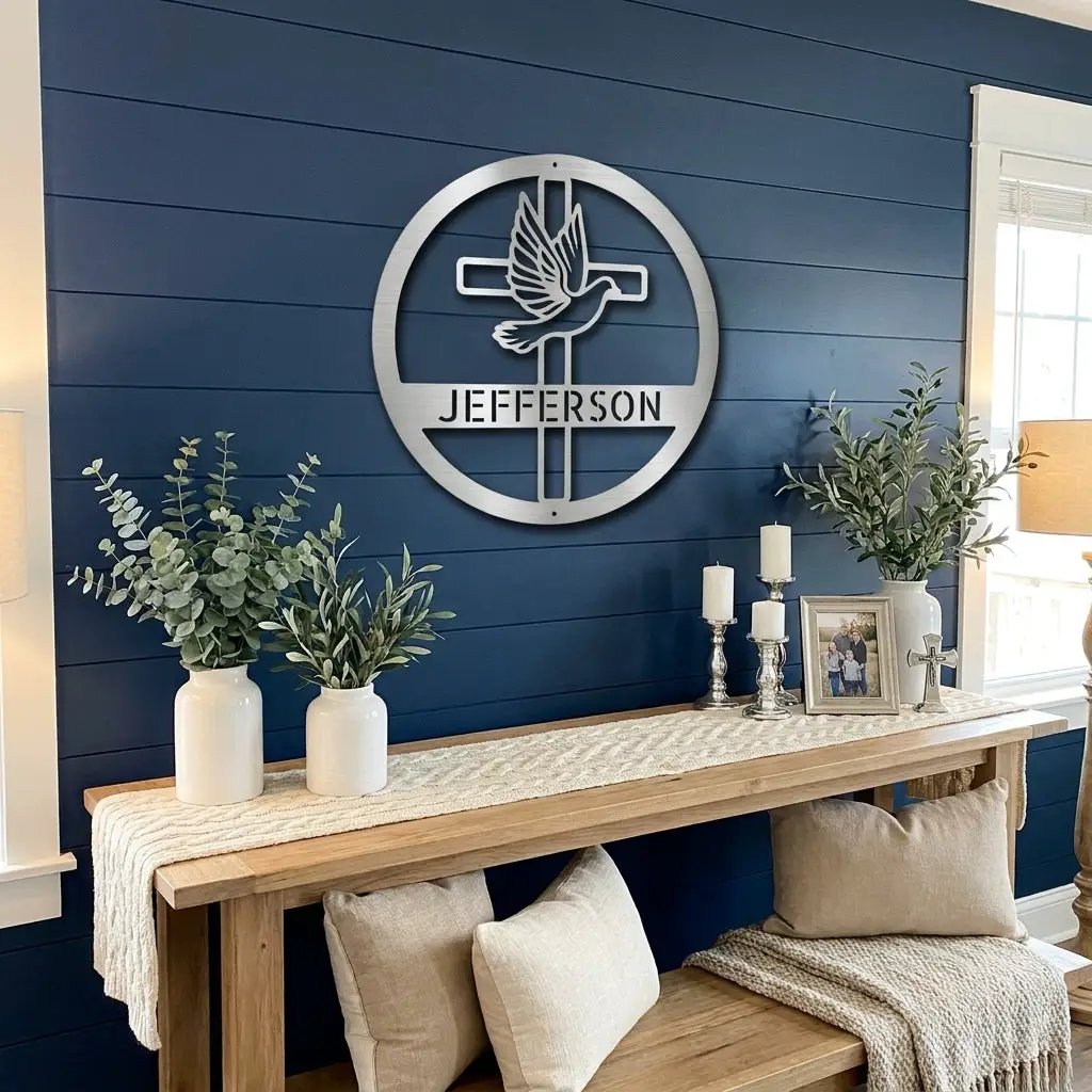 Personalized Cross & Dove Metal Wall Art – Custom Family Name Christian Steel Sign – Faith Based Farmhouse Wall Decor