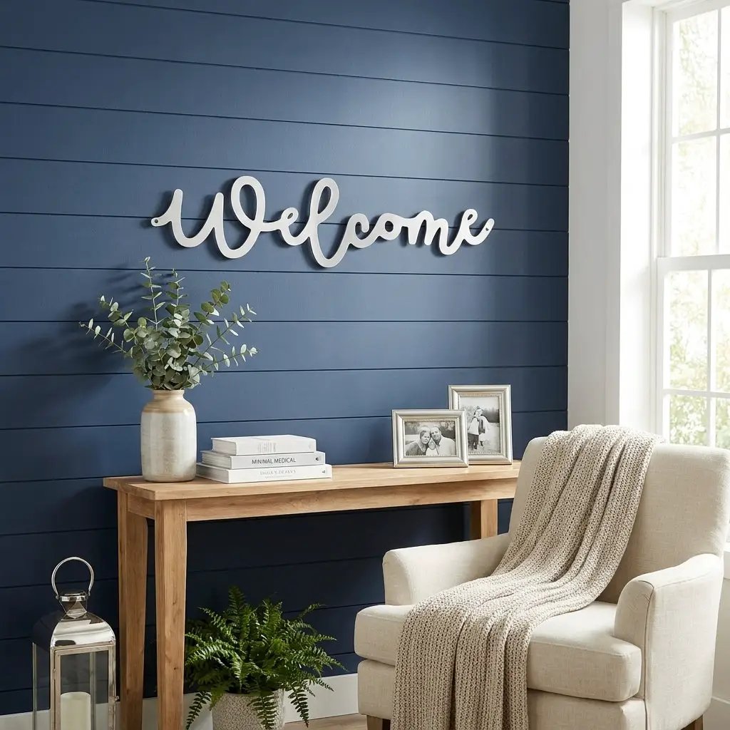 Welcome Script Metal Wall Art – Modern Farmhouse Welcome Sign – Minimalist Entryway Steel Decor for Porch, Foyer & Living Room